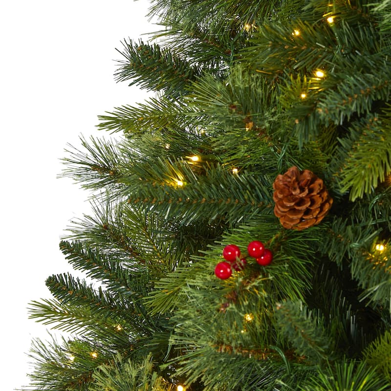 8Ft Artificial Christmas Tree with Lights - Holiday Spruce Tree, Pine Cones & Berries - Festive Home Decor - Green - 96