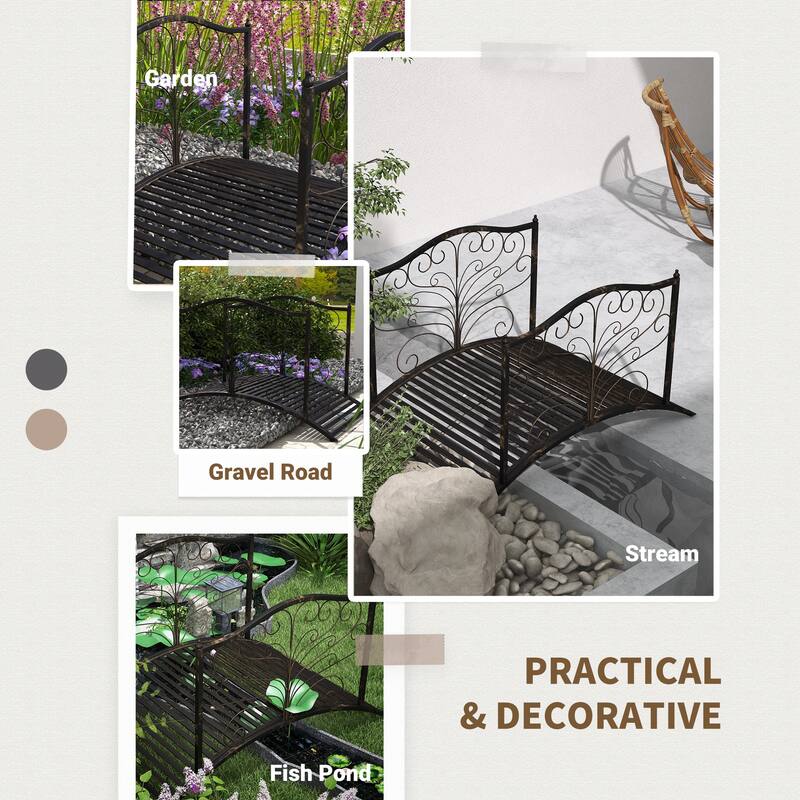 Outsunny 4’ Metal Arch Backyard Garden Bridge with Safety Siderails, Delicate Scrollwork, & Easy Assembly, Black Bronze
