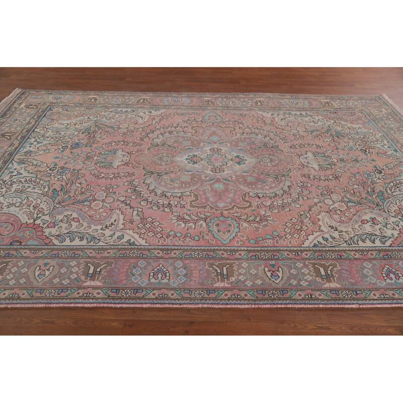 Hand Knotted Oriental 100% Wool Carpet Traditional Floral Pink Tabriz Area Rug - 9' 10'' X 6' 7''