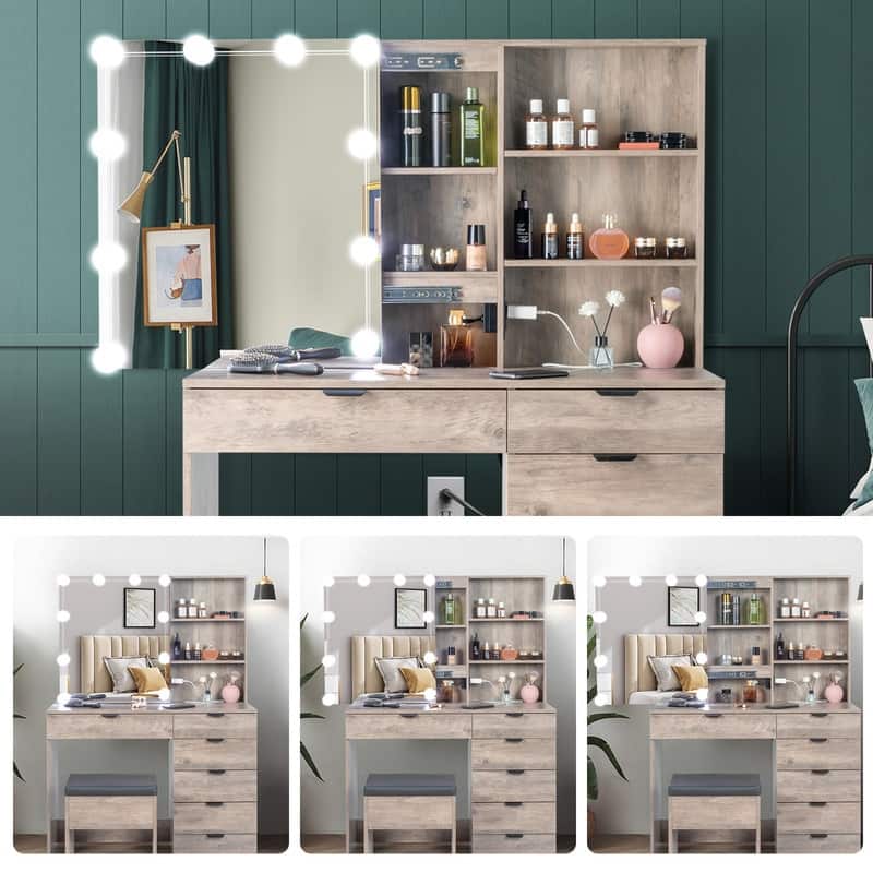 Mirror 6-Drawers Dressing Vanity Table with USB