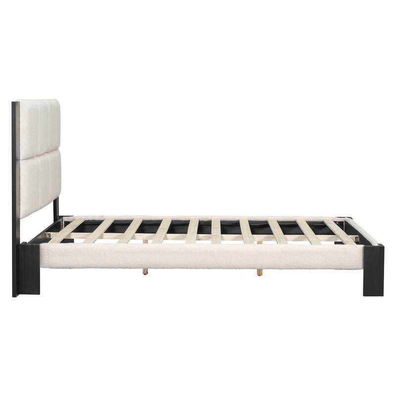 Roomfitters Queen Boucle Platform Bed Frame with Square-Stitched Headboard, Upholstered Mid-Century Modern Mattress Base, Beige