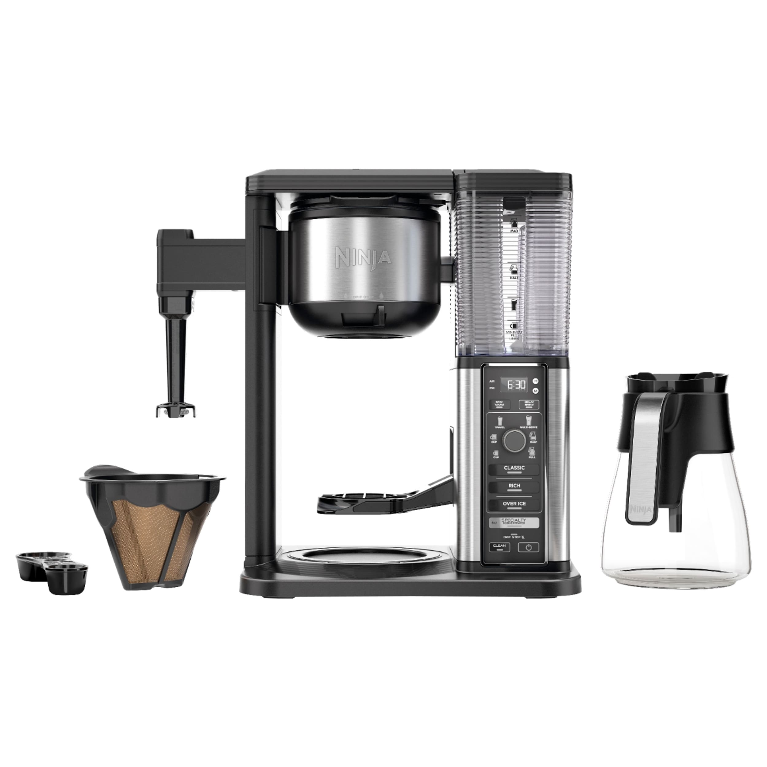 Ninja CM401 Specialty 10-Cup Coffee Maker with 4 Brew Styles for Ground  Coffee, Built-in Water Reservoir, Fold-Away Frother & Glass Carafe, Black