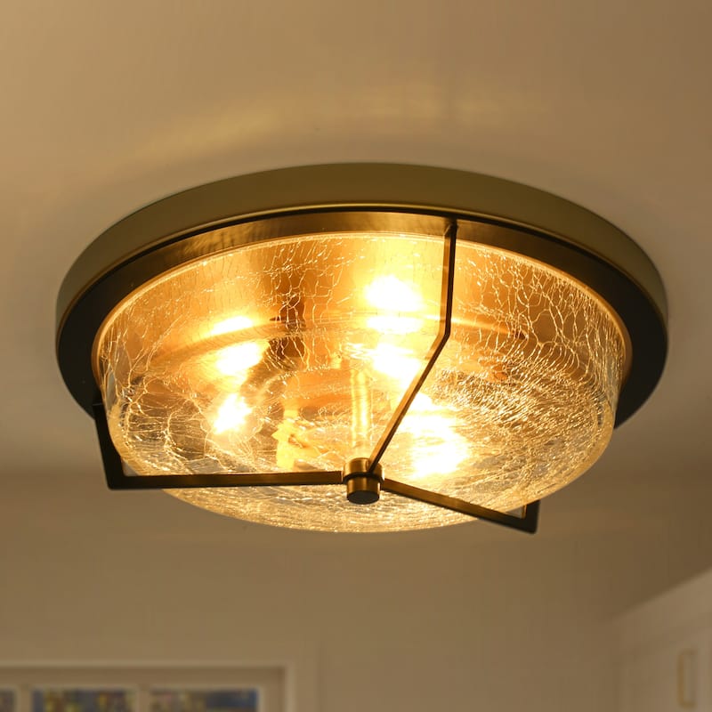 Modern Farmhouse Flush Mount Light Textured Cracked Glass LED 3-light for Hallway - Black & Gold - D15" x H 5"