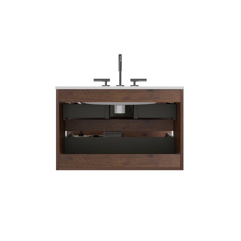 Modern Walnut Bathroom Vanity with Silent DTC Soft-Closing Drawers, Eco-friendly E1 Boards, Handle-Free Design, 30-inch