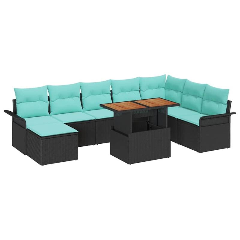 vidaXL 9 Piece Garden Sofa Set with Cushions Black Poly Rattan - 117.1×73.8×27.2