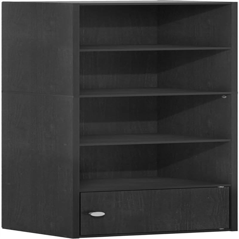 Luder Shelf Bookcase with 1 Door Storage Cabinet, French Oak - 9.3"D x 12"W x 52.1"H - Black