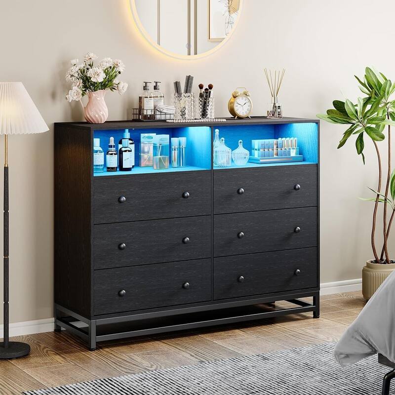 Wide Dresser for Bedroom with Charging Station - Black