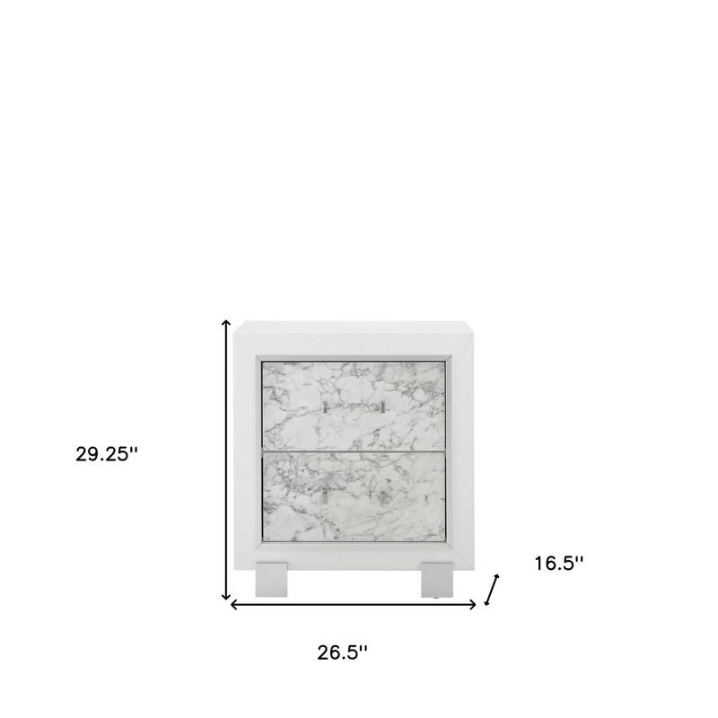 White MDF 2-Drawer Rectangular Nightstand with Metal Legs for Bedroom