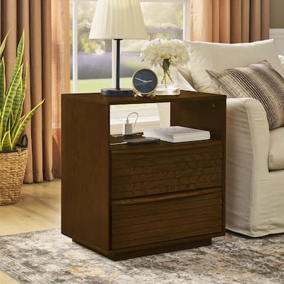 Mid Century Modern Nightstand with Charging Station and Solid Wood Drawers for Versatile Bedroom Use