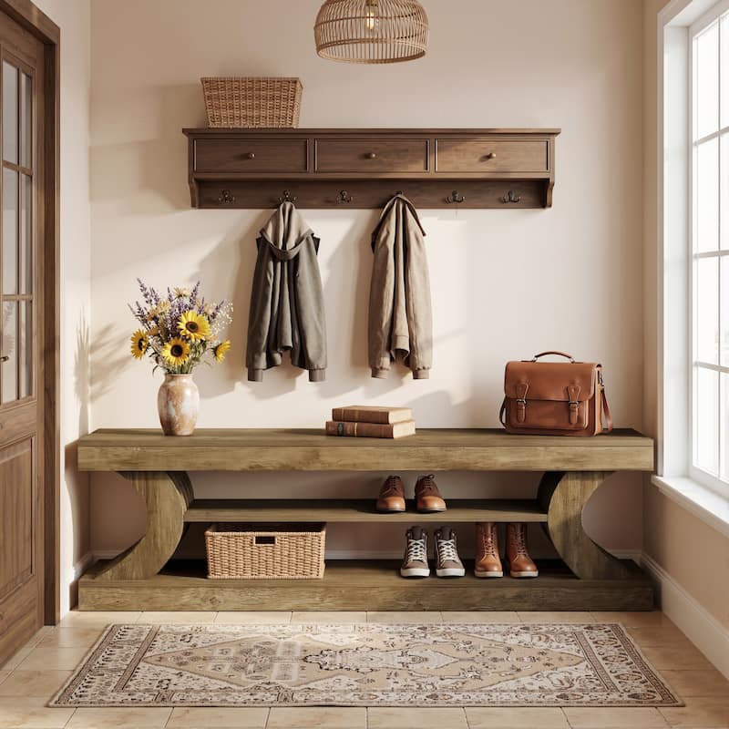 63" Entryway Bench, End of Bed Bench with Open Shelves, Shoe Storage Bench for Bedroom, Foryer, Hallway