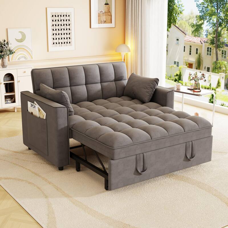 Anmytek Modern Velvet Small Loveseat Pull Out Sleeper Sofa Bed with Pillows and Side Pockets - dark gray
