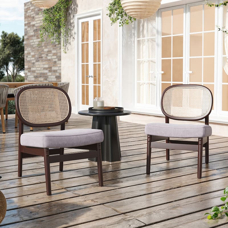 Rattan Accent Chair, Upholstered Living Room Chair with Rattan Back & Wood Frame, Mid-Century Modern Reading Chair