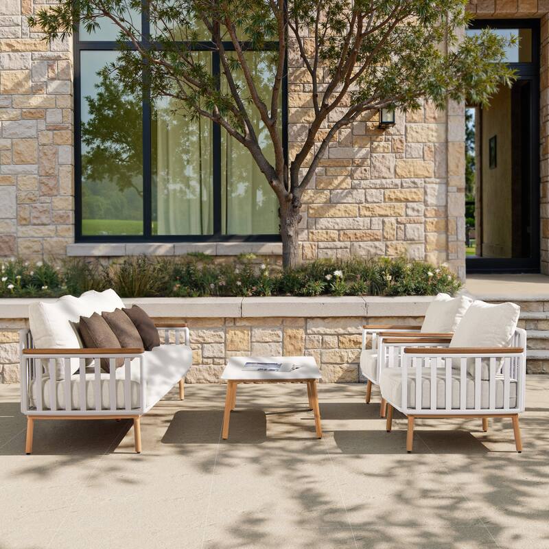 Calarono 29" Teak & Aluminum Patio Accent Arm Chair Set of 2 Sand Dune Chenille