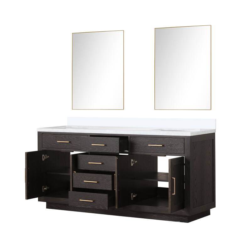 Abbey 60 in W x 22 in D Black Oak Double Bath Vanity, Cultured Marble Top, and 28 in Mirrors