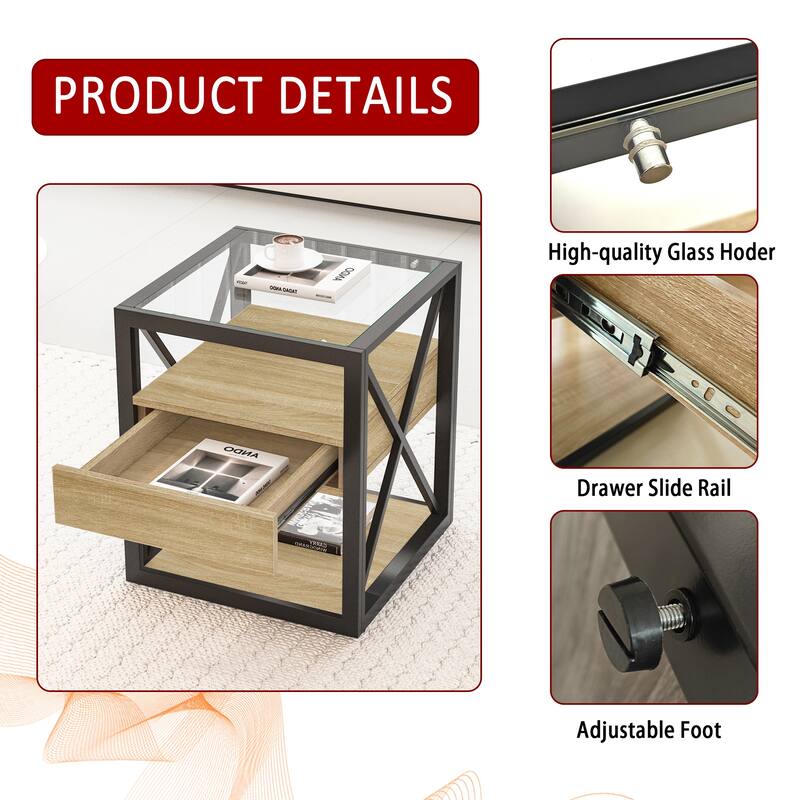Set Of 2 Modern End Table With Drawer - Nightstand For,Rustic Wood Grain Mdf&Tempered Glass Top, Industrial Style Side Table