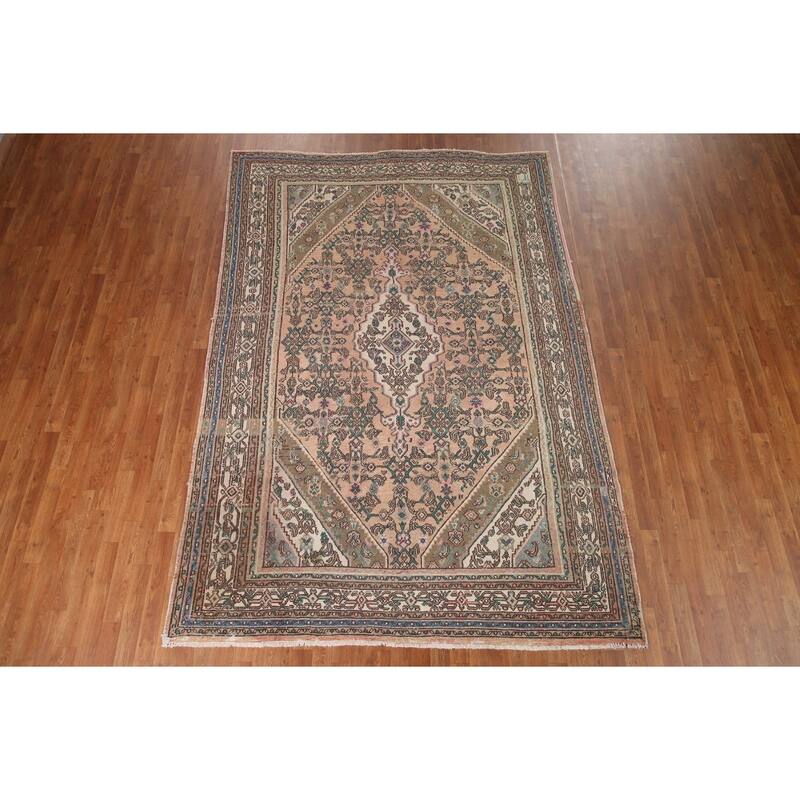 Pink Geometric Hamedan Persian Vintage Rug Hand-knotted Wool Carpet - 6'10" x 9'11"