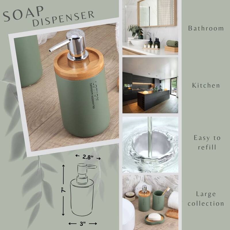 Elegant Soap Dispenser - Polyresin and Bamboo Design, Refillable Liquid Pump - 3 L x 3 W X 7 h