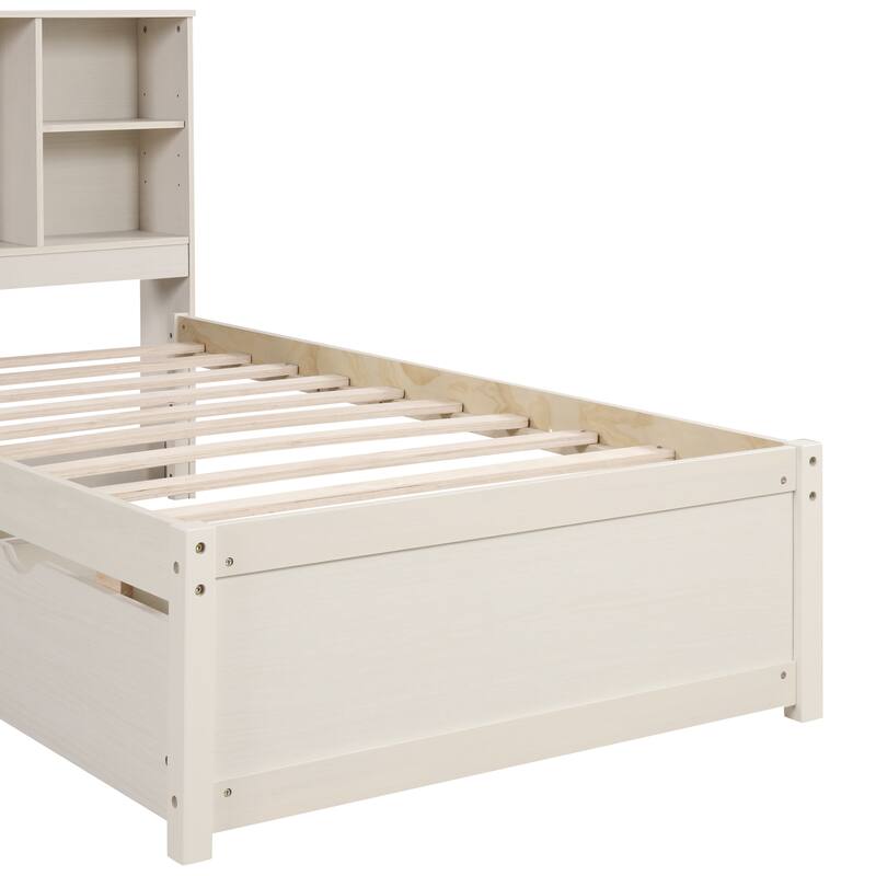 White Washed Twin Size Bed with USB Port on Bookcase Headboard and Drawers