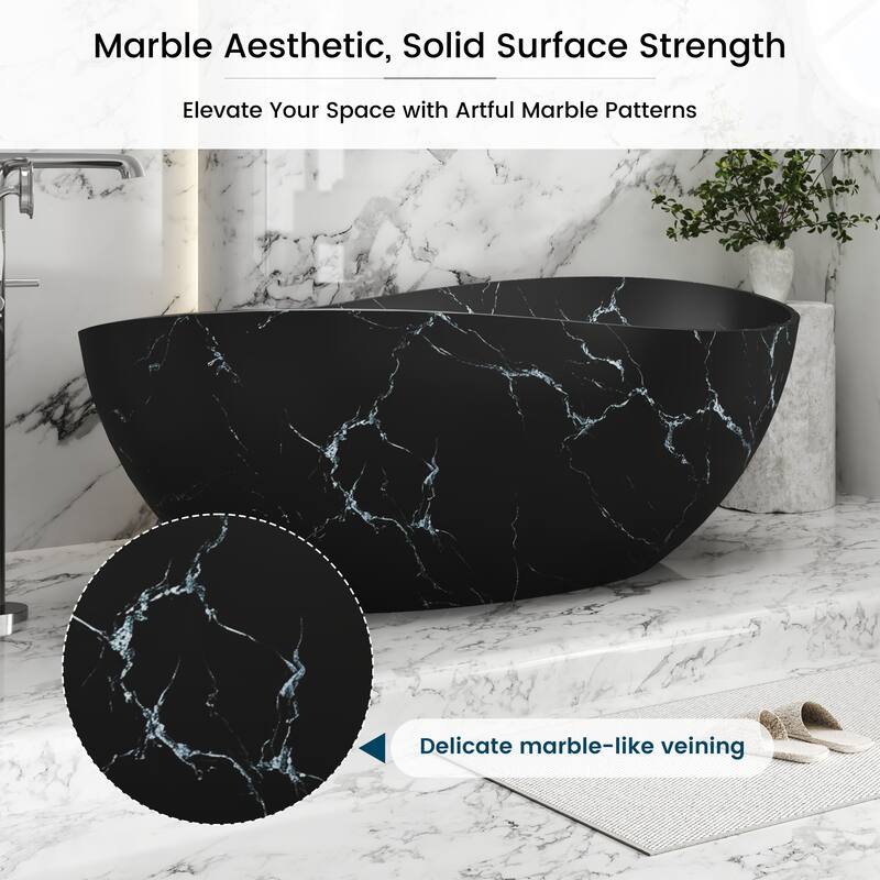 63 in. x 37 in. Solid Surface Freestanding Soaking Bathtub in Matte Black with Royal Misty Marble Pattern, Center Drain
