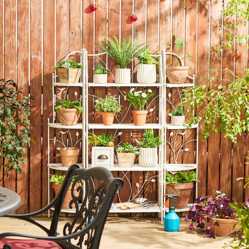Glitzhome Multifunctional 3 or 4-Tiers Metal Plant Shelving Planter Stands Flower Pot Shelf One-step Fordable Design