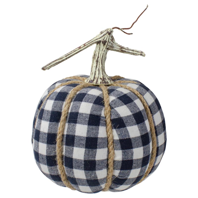 Plaid Fall Harvest Pumpkin with Weathered Stem - 7.75" - Dark Blue and White