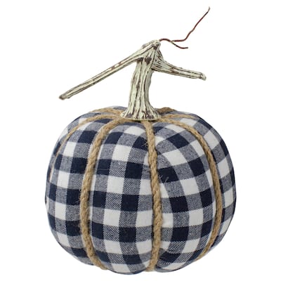 Plaid Fall Harvest Pumpkin with Weathered Stem - 7.75" - Dark Blue and White