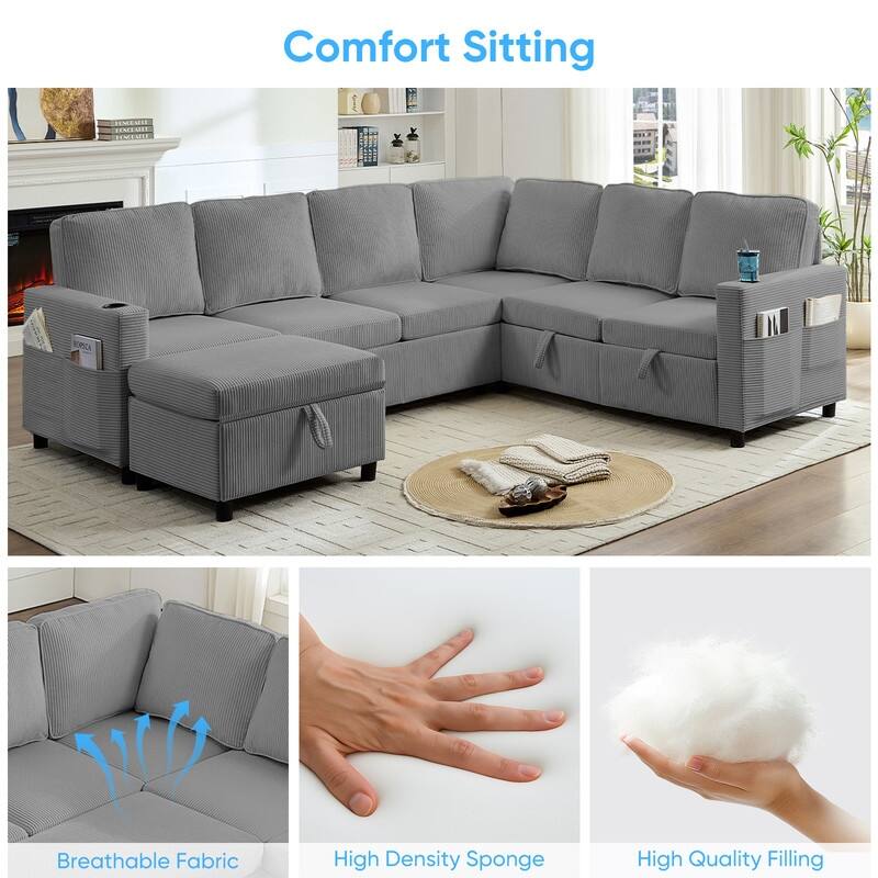 Mixoy 6 Seat U-Shaped Modular Sectional Sofa with Pull Out Bed, Sleeper Sofa Bed with Cup Holders & Storage