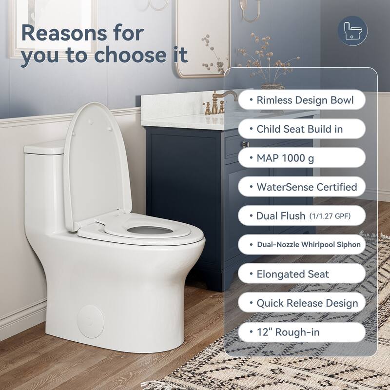 WaterSense Dual Flush Toilet, 1.0/1.27 GPF, Elongated Rimless Bowl, Child Seat, 1000g Flush Power - 12 inch Rough In