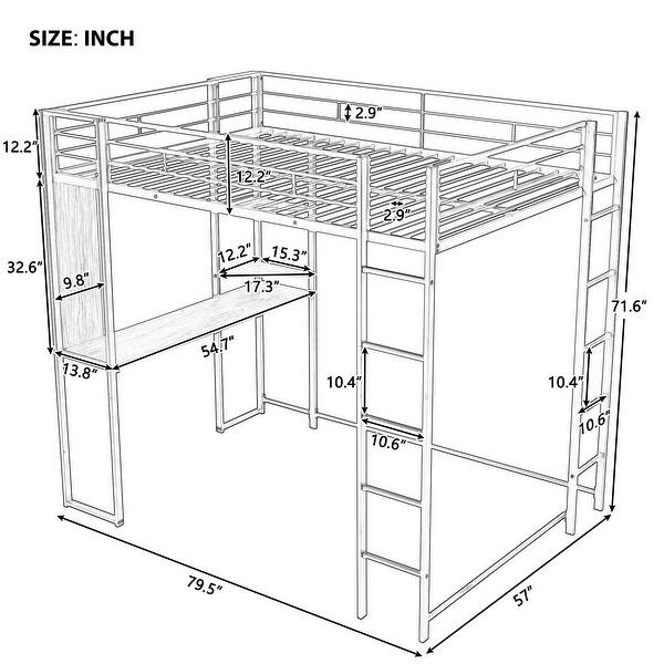 Black Full Metal Loft Bed with 1 Desk and 2 Shelves