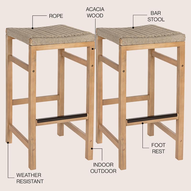 Armand Backless Acacia Wood Outdoor Stool with Woven Rope Seat, (Set of 2)