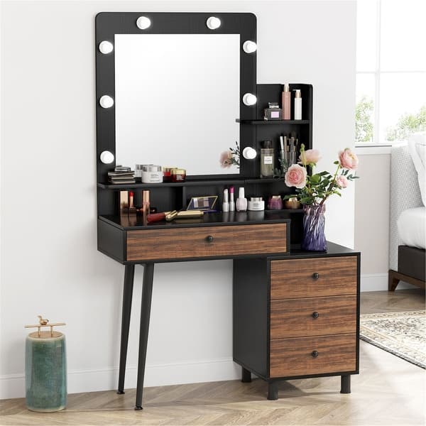 Makeup Vanity Table With Lighted Mirror And 3 Drawer Chest Black Brown Overstock 31865511 My vanity includes a makeup area but unlike with my past bathroom cabinets, the makeup vanity is higher, the same height as the rest of the vanity i wonder if i would prefer more drawer space rather than a makeup vanity.