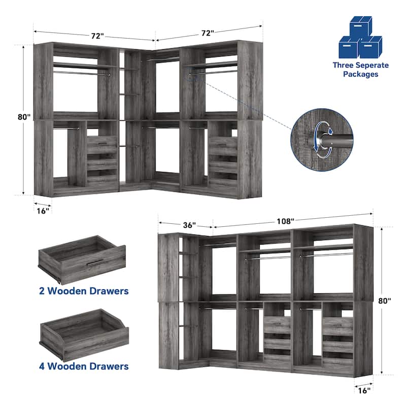 Qvella Corner Closet System with 6 Wooden Drawers and 6 Hanging Rods, Closet Organizer Wardrobe for Walk-in/Reach-in Closet