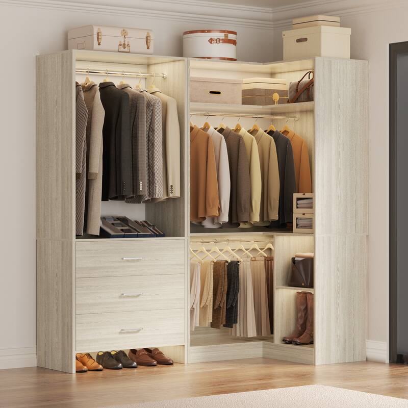 Set of 2 Freestanding Corner Closet Organizer with Drawers, Walk-in Closet System with Hanging Rods - Washed Oak