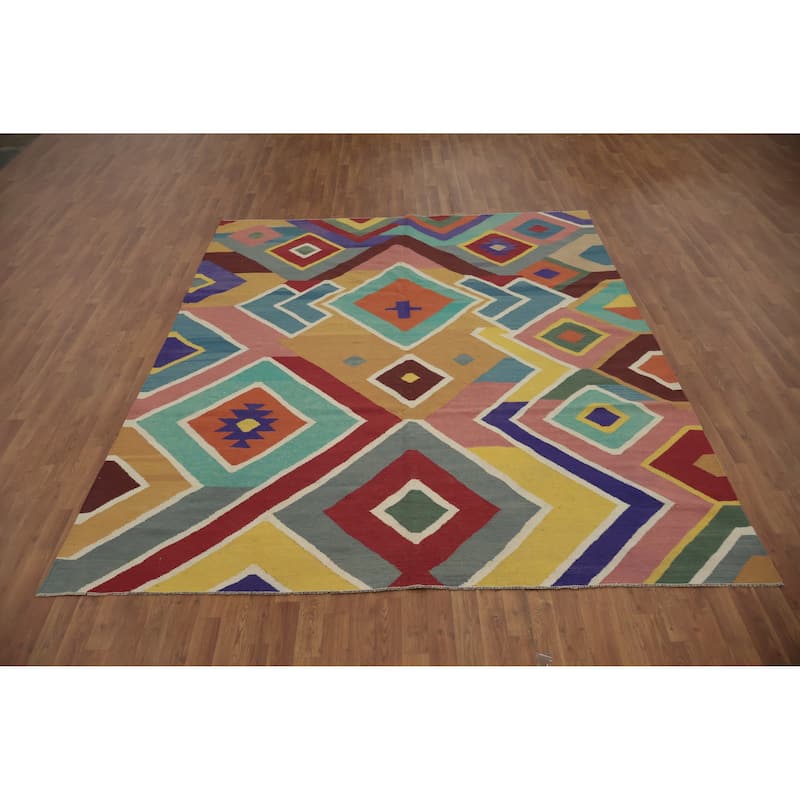 Hand Woven Oriental 100% Wool Carpet Southwestern Modern Multi-Colored Kilim Area Rug - 9' 7'' X 8' 1''
