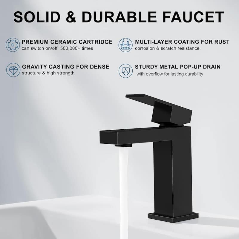 Single Handle Single Hole Bathroom Faucet, Solid Brass Modern Bathroom Sink Faucet with Pop-up Drain & Water Supply Hoses