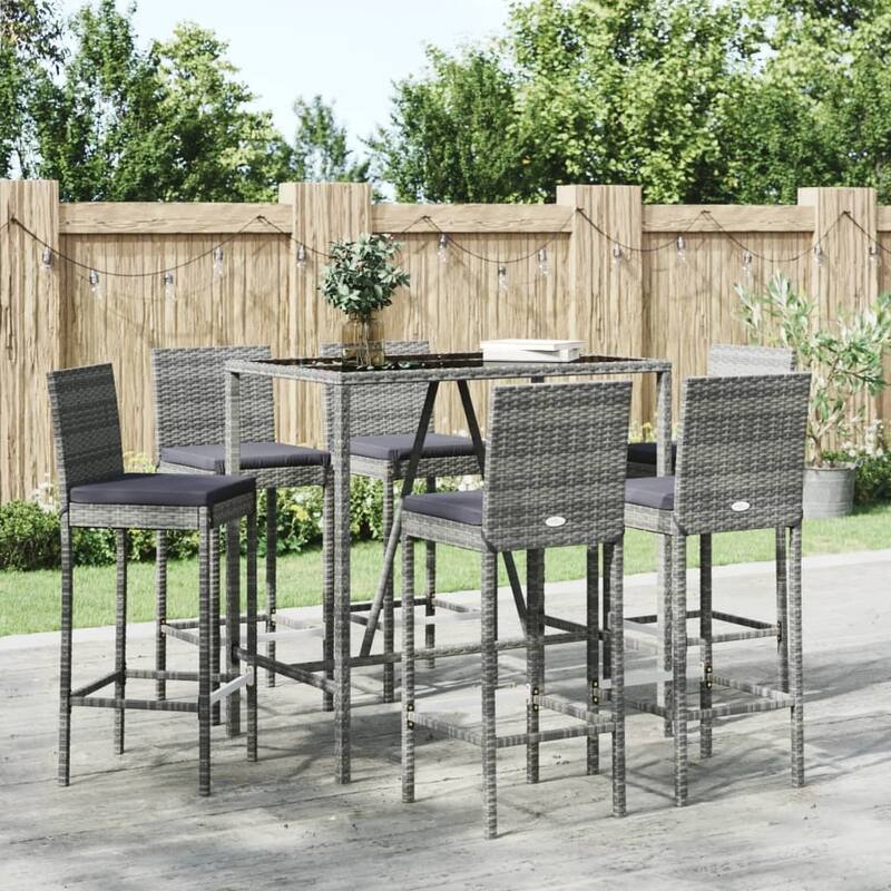 vidaXL 5 Piece Patio Bar Set with Cushions Black Poly Rattan - 15.7" x 17.3" x 42.5" - Gray7 Piece