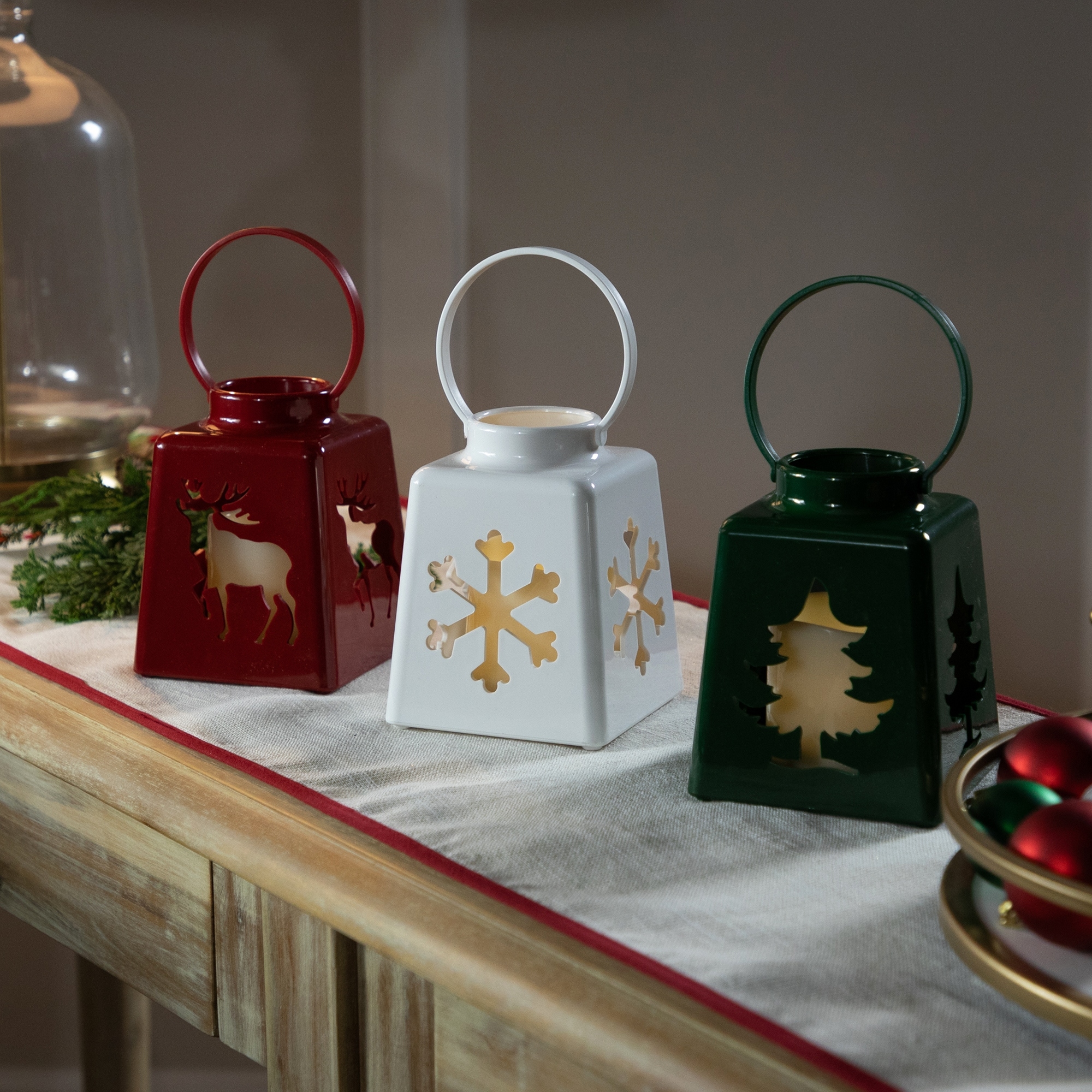 LED Tree, Snowflake Reindeer Christmas Candle Lanterns 8" Set of 3