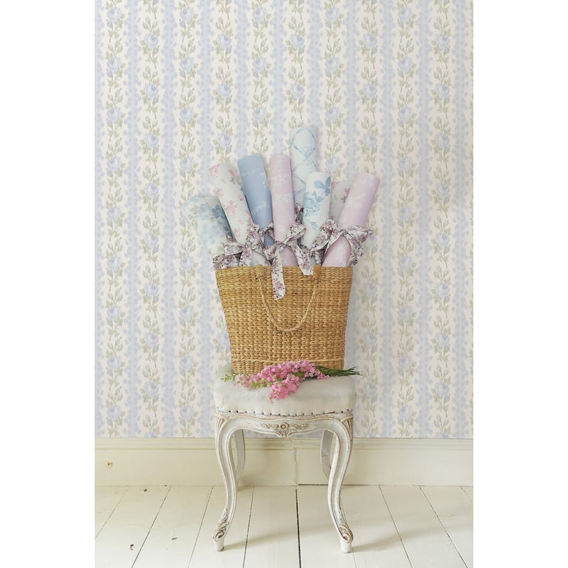 LoveShackFancy Blooming Heirloom Blue Romance Rose Stripe Wallpaper