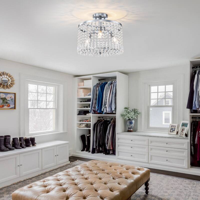 Modern Crystal Semi-Flush Mount Ceiling Light with E12 Sockets - Dia.13.77-in