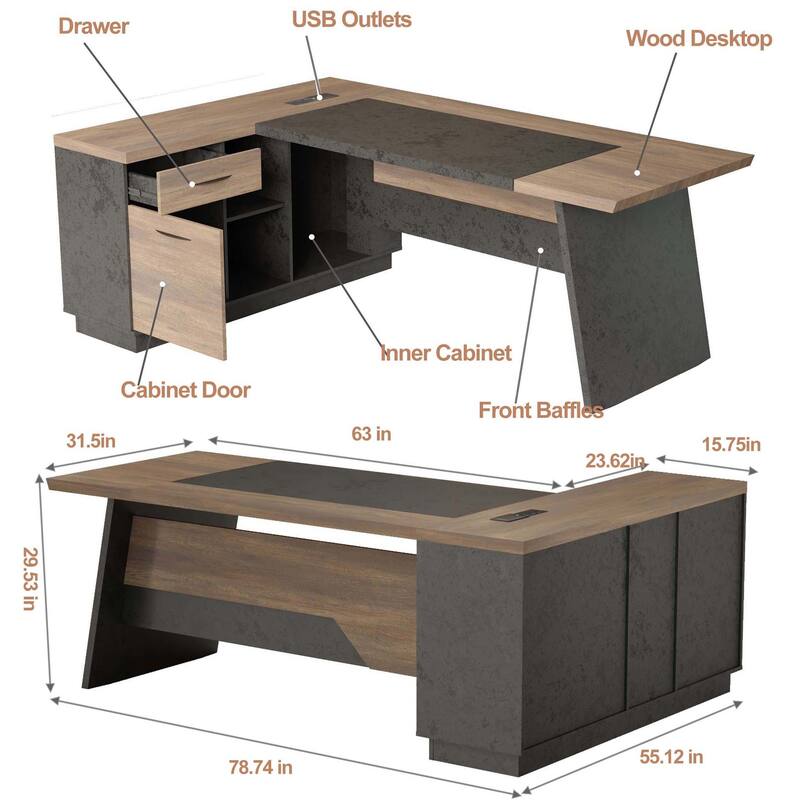 WESOME 78.74in Modern L-Shaped Executive Desk with Drawer 2-Tier Storage Shelves Cabinets