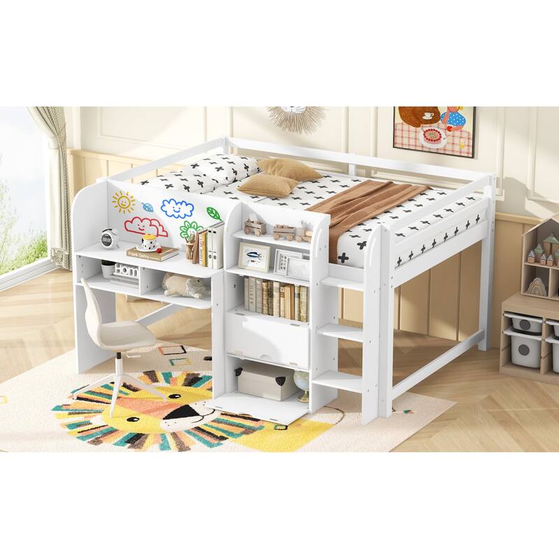 Roomfitters Full Low Loft Bed with Integrated Desk, Bookcase, Cabinets and Whiteboard, White