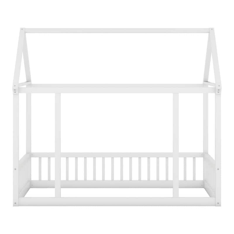 Wooden Floor Bed with House Roof Frame and Safety Guardrails,Twin/Full Size