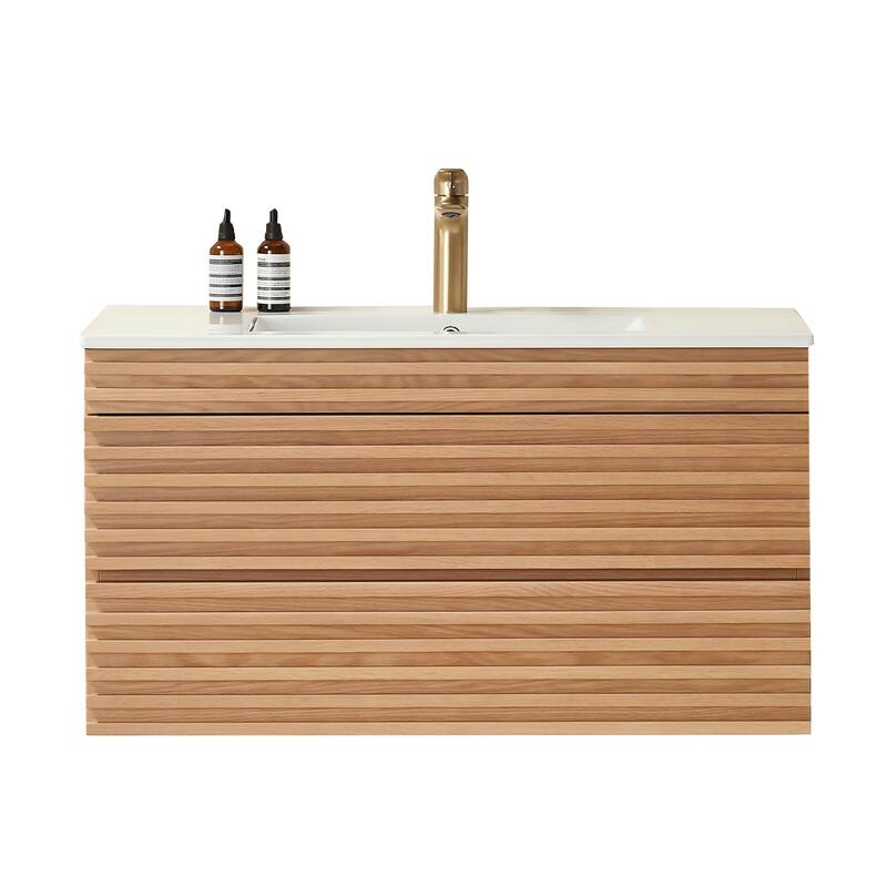 Modland 36" Wall Mount Bathroom Vanity with Ceramic Sink - 2 Soft-Close Drawers,Silk Mist Oak - 36 inch