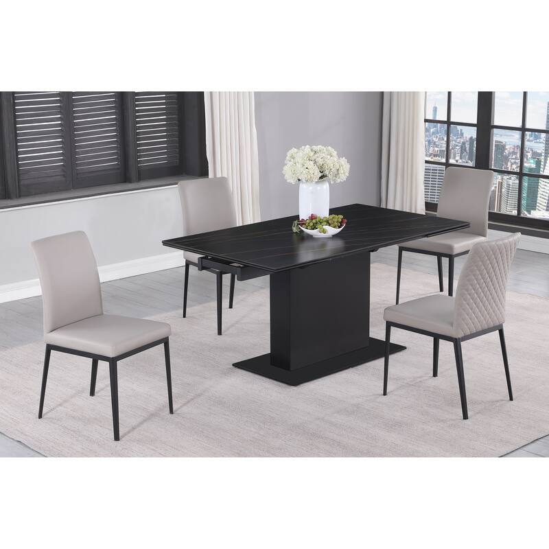 Katana Extendable Sintered Stone Table with Wooden Pedestal and Glass Base Plate
