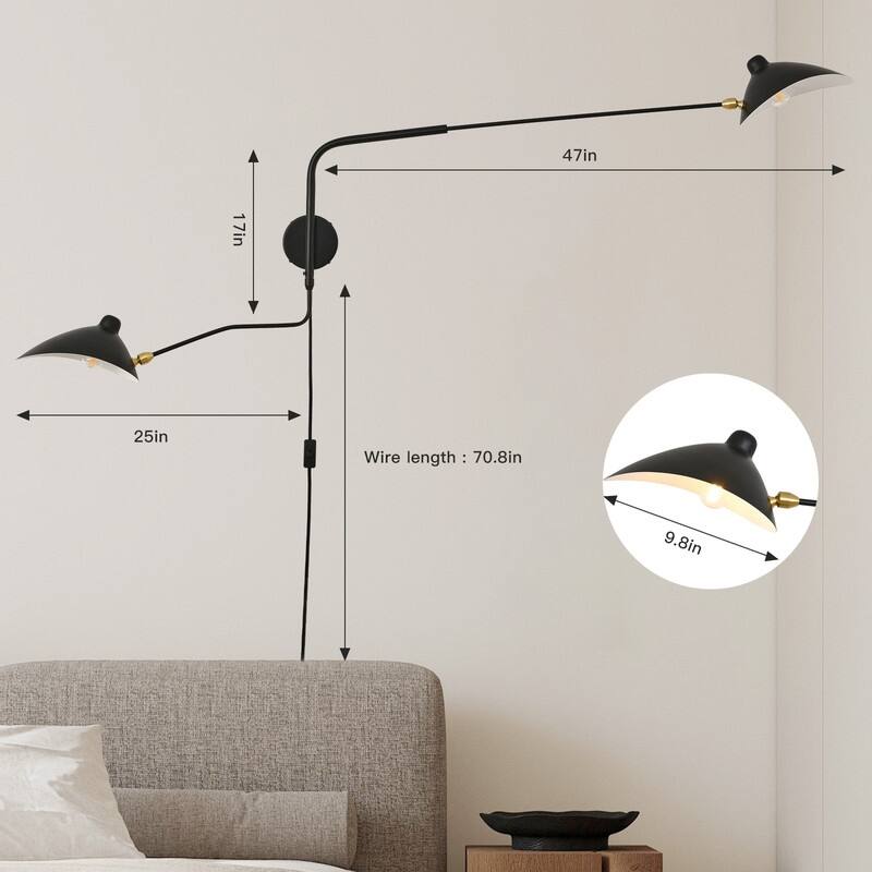 2-Lights Swing Arm Wall Sconces, Plug in Rotatable Black Wall Lights