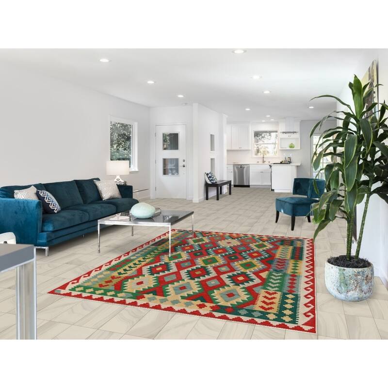 Hand Woven Oriental 100% Wool Carpet Southwestern All-Over Multi-Colored Kilim Area Rug - 7' 9'' X 5' 10''