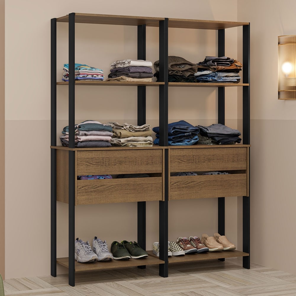 Madesa Wardrobe Clothes Storage Rack with 4 Drawers and Open Shelves