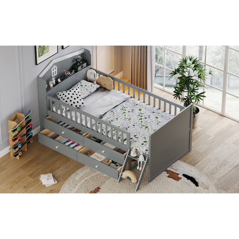 Twin Bed with 4 Drawers and Guardrail Headboard - Grey