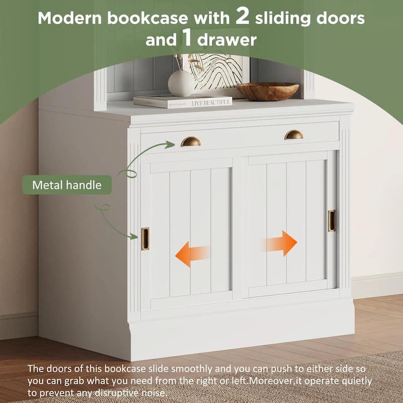 83.4" Tall Bookshelf with LED Lighting, Sliding Doors and Open Shelves