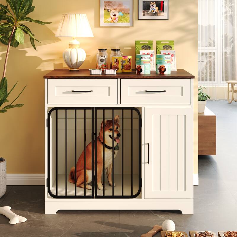 37.4" Dog Crate Furniture, Indoor Dog Kennel with 2 Drawers and Storage Cabinet